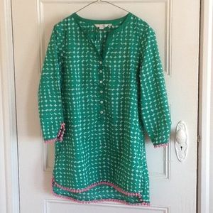 Green polka dot Boden tunic with pink pompon trim